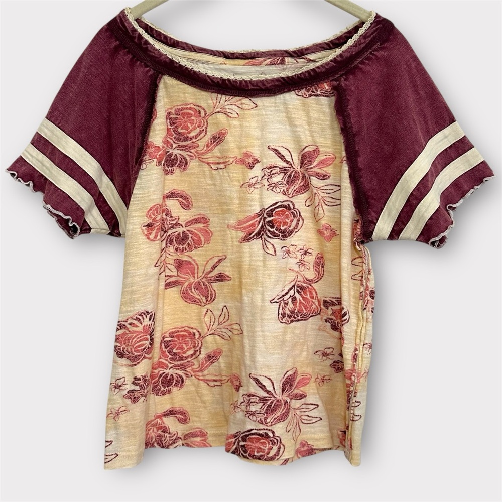 Free People Maroon and Beige Floral Short Sleeve Top